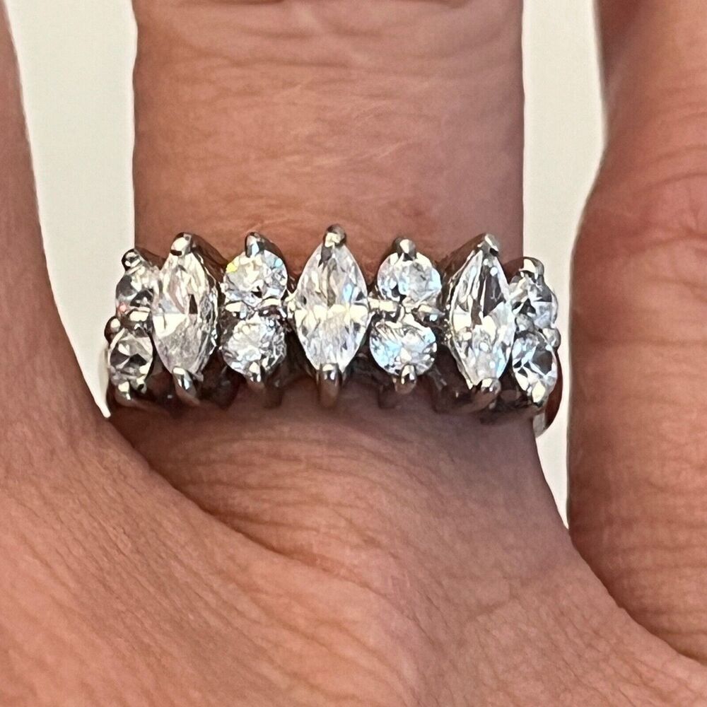 Vintage 1980s Sterling Silver Ring Size 8 CZ Band Marquise Round 925 ND - 4B